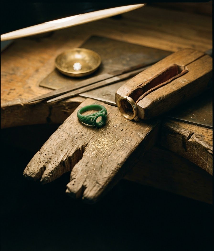 A jeweller's bench with a carved wax ring model, files and a loose diamond