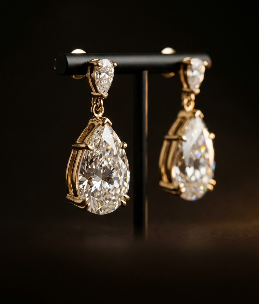 Pear-shaped diamond drop earrings in yellow gold