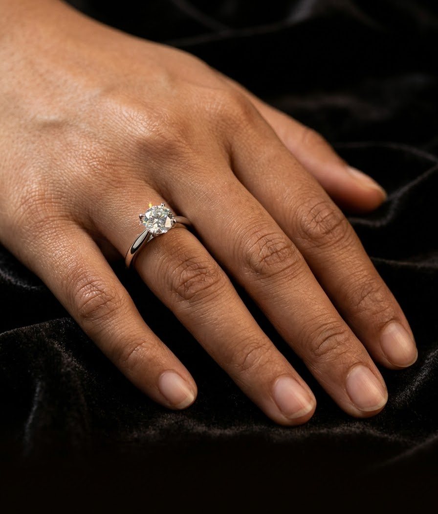 A hand wearing a round brilliant solitaire ring