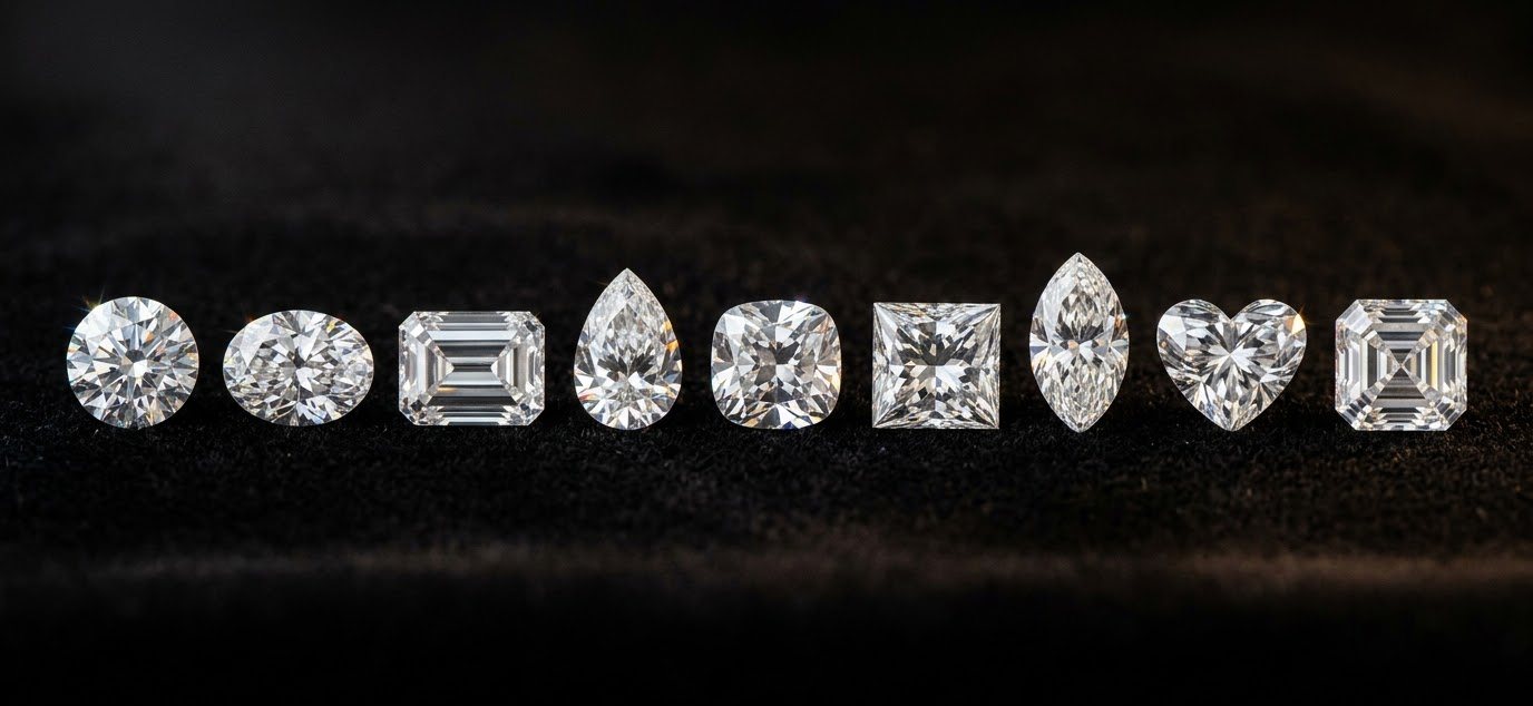 Nine loose diamonds in a row: round, oval, emerald, pear, cushion, princess, marquise, heart and asscher