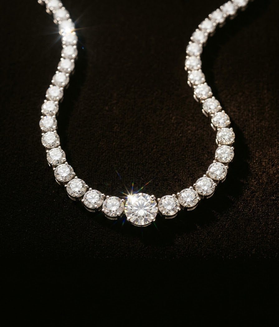 Diamond rivière necklace laid in an S-curve on black velvet