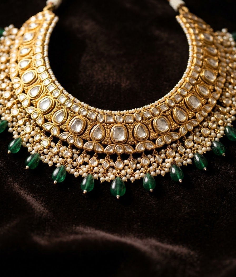 Traditional polki choker in gold kundan with pearls and emerald drops