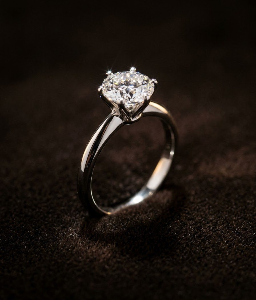 Round brilliant solitaire ring in platinum on black velvet