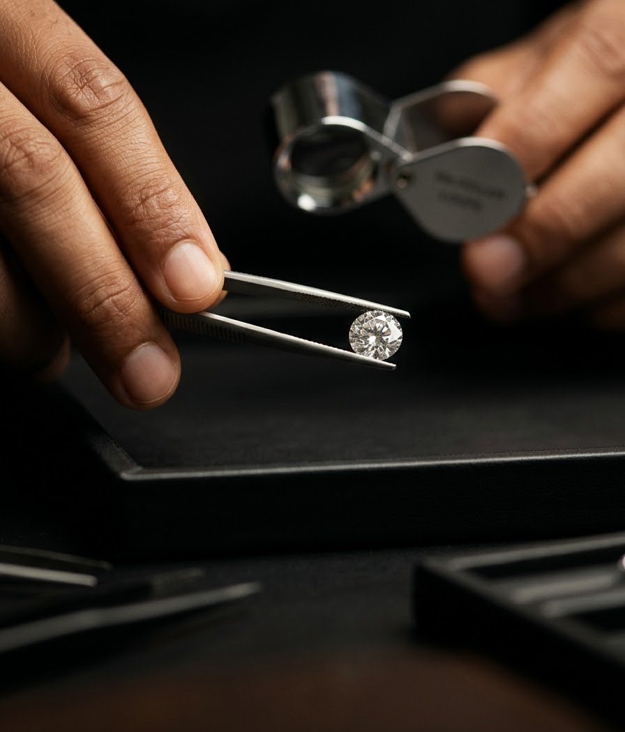 A loose diamond held in tweezers in front of a jeweller's loupe