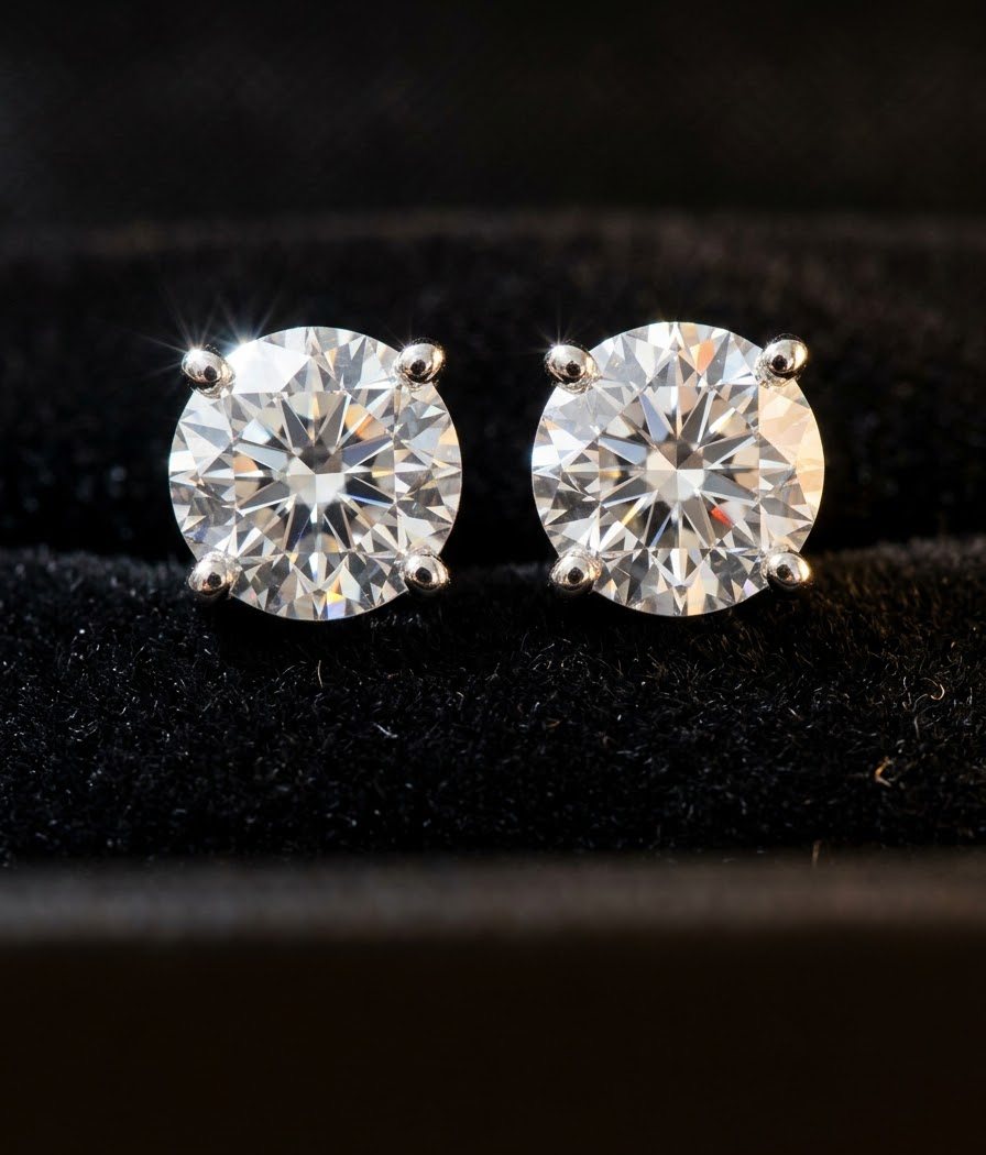 A pair of round brilliant diamond stud earrings on black velvet