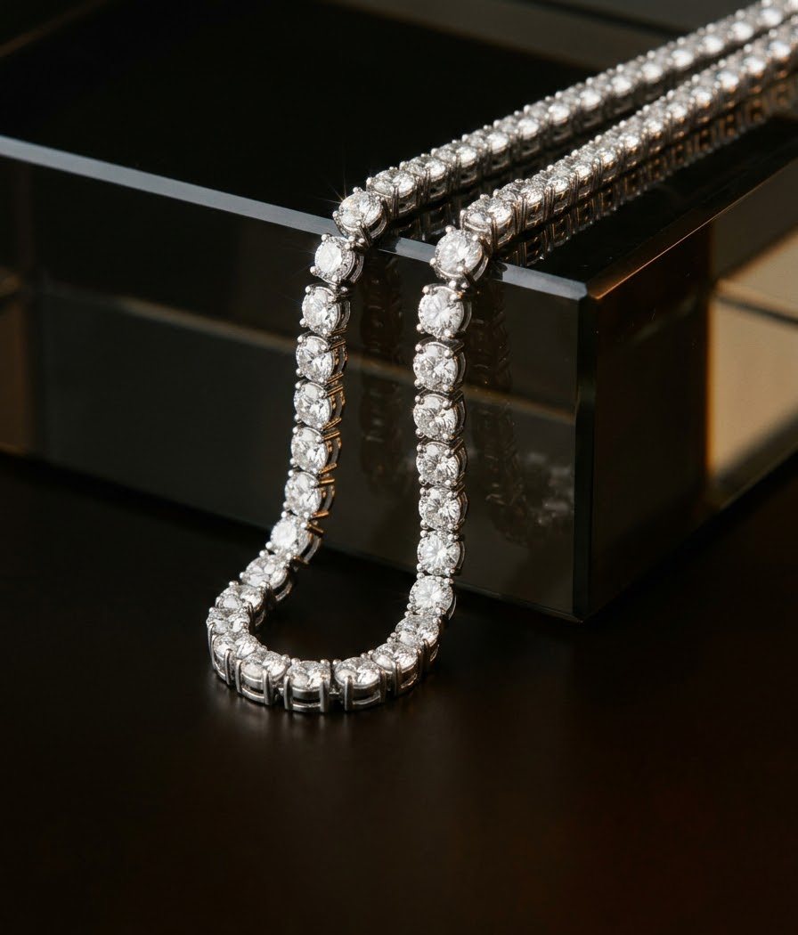 Diamond tennis bracelet draped over a smoked-glass block