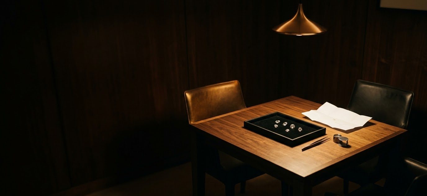 A private viewing room: a walnut table with a velvet tray of loose diamonds under a warm pendant lamp